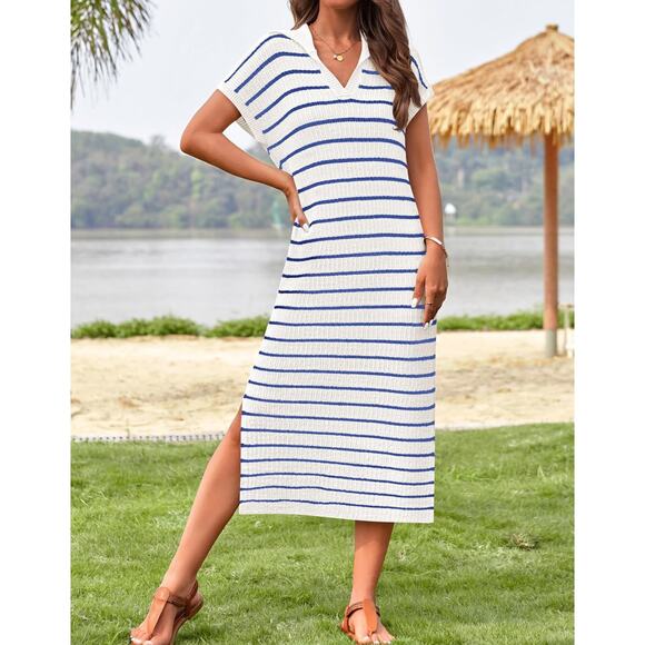 ZESICA Striped Knit Midi Sweater Dress V-Neck Short Sleeve Side Slit | Small - Picture 1 of 5